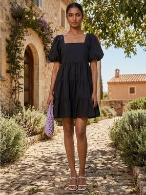 OAK + FORT Black Puff Sleeve Tiered Cotton Mini Dress Size Medium Baby doll